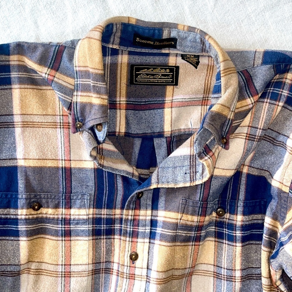 Eddie Bauer Plaid Men's Shirt in Blue and Tan - Picture 2 of 5